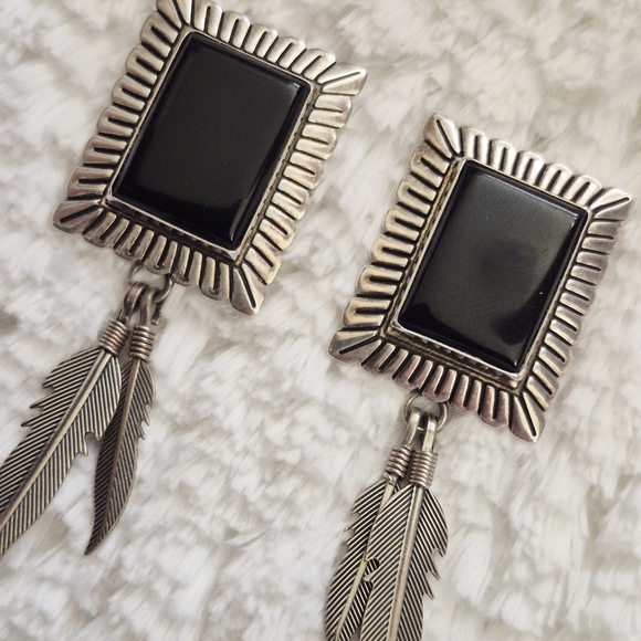 Vintage Sterling Silver Black Onyx Dangle Feather Earrings - Picture 5 of 9